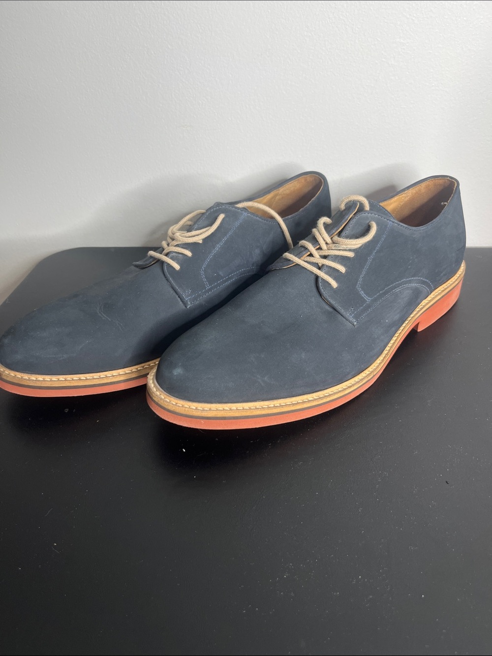 1901 Navy Suede Derby Shoes with Tan Laces and Orange-Brown Sole